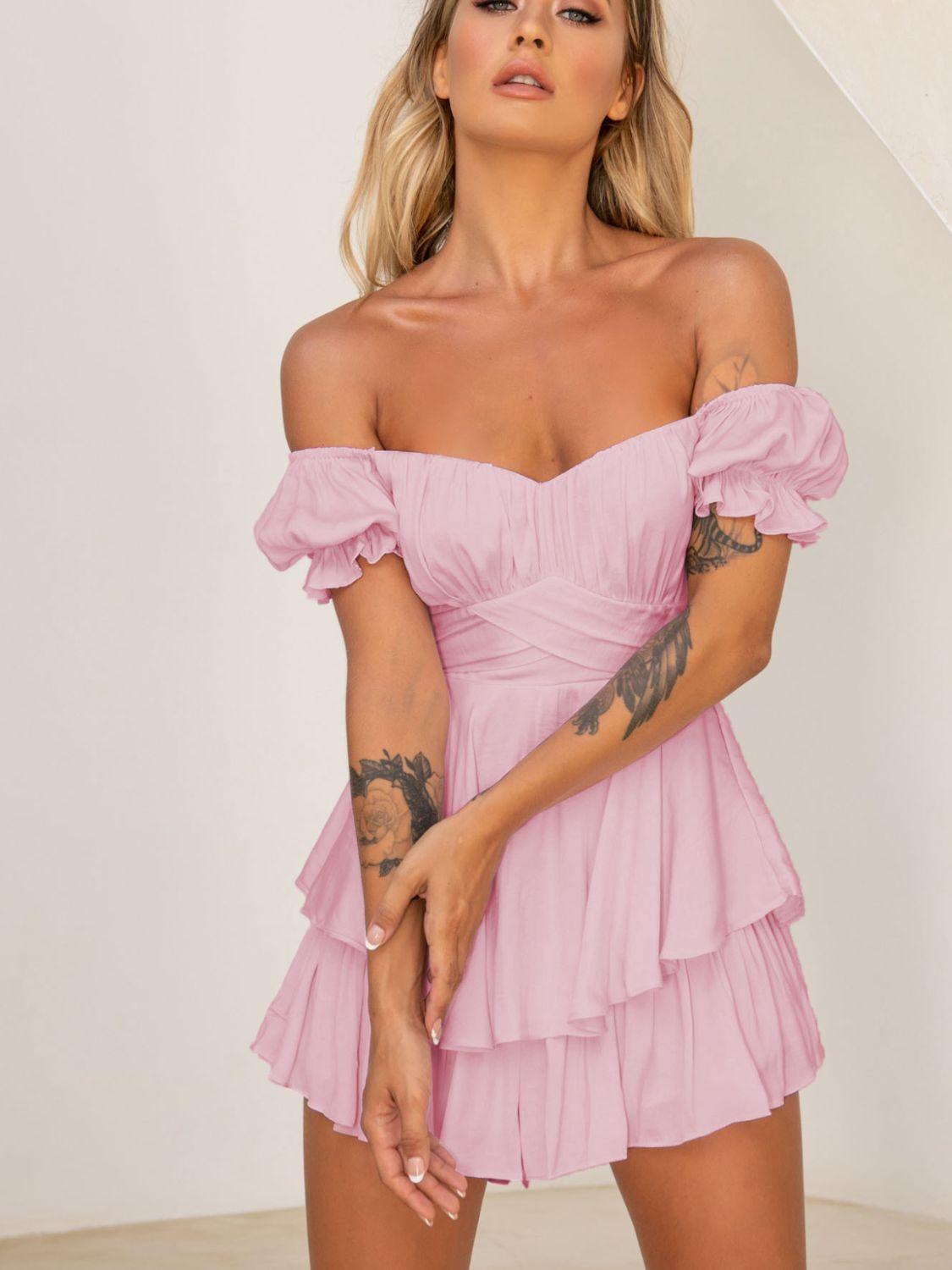 Off Shoulder Flounce Sleeve Layered Mini Dress - Dresses