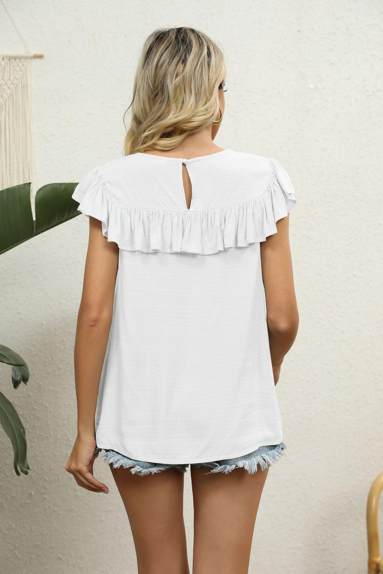 Spliced Lace Ruffled Flutter Sleeve Round Neck Top - Top