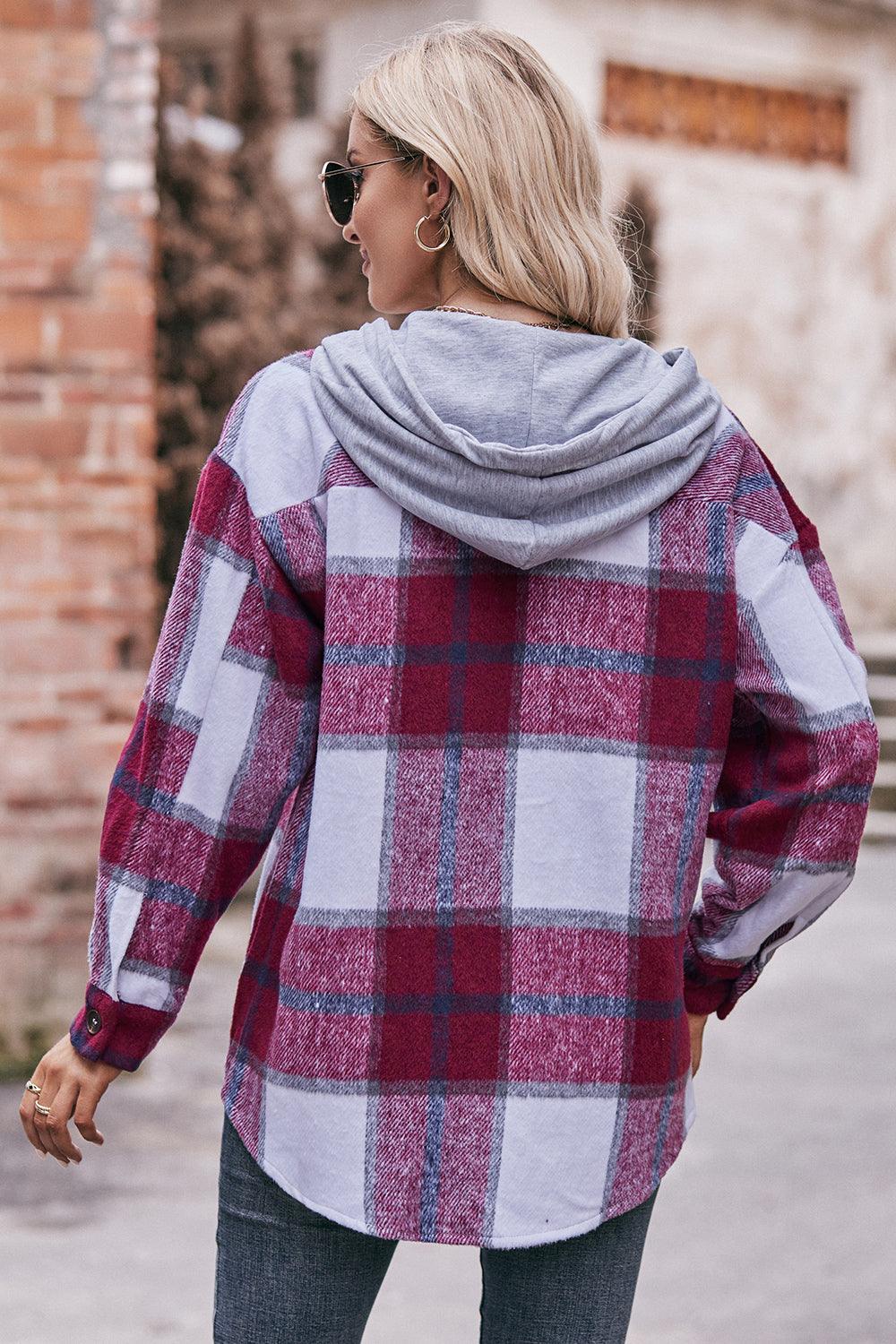 Plaid Dropped Shoulder Hooded Shacket - Jacket