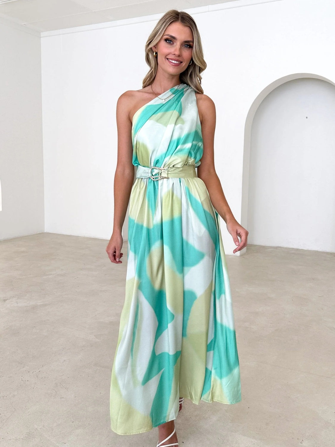 Printed Ruched One Shoulder Maxi Dress