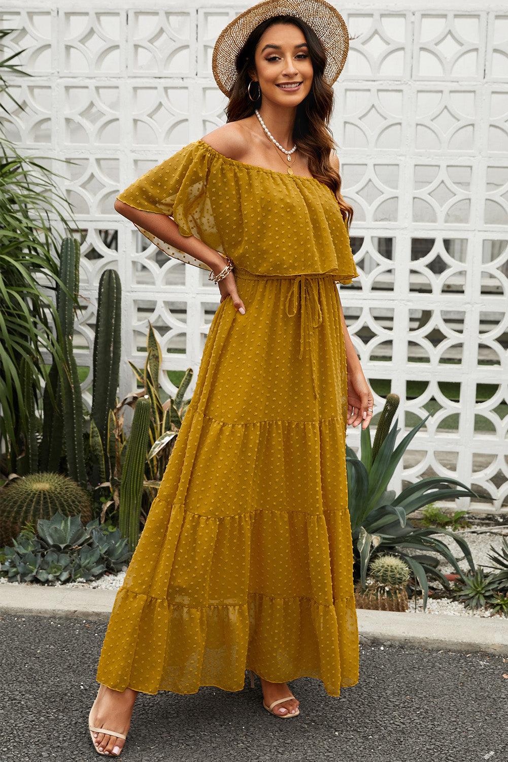 Swiss Dot Off-Shoulder Tiered Maxi Dress - Dresses