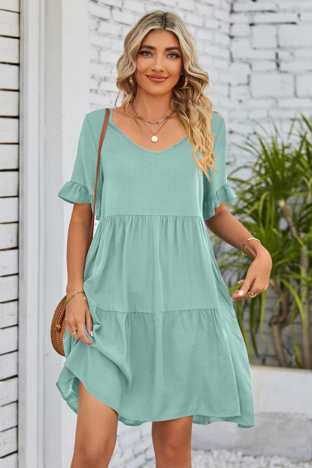 V-Neck Flounce Sleeve Knee Length Ruffle Tiered Dress - Dresses