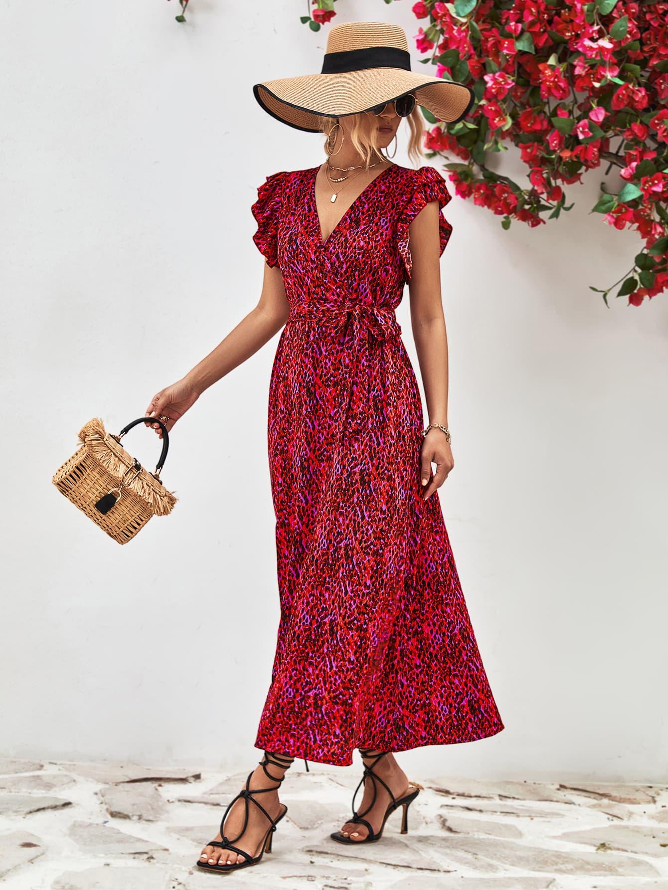 Printed Surplice V-Neck Flutter Sleeves Slit Midi Dress - Dresses