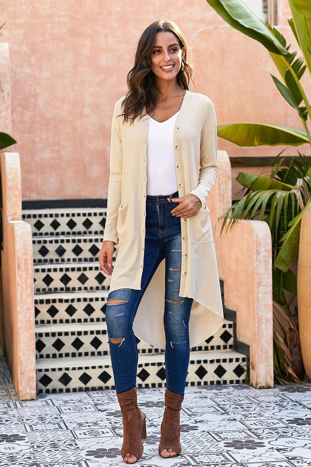 Buttoned V-Neck Long Sleeve Cardigan with Pockets - Cardigan