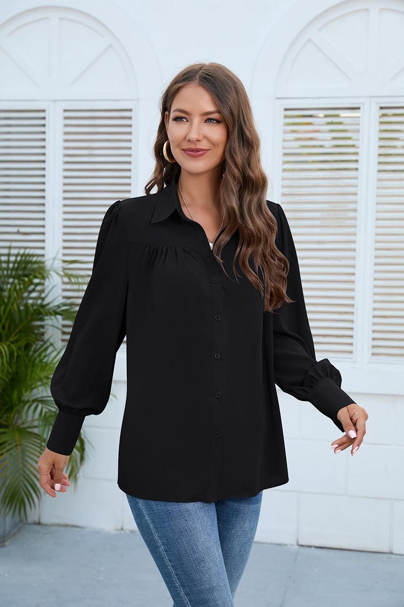 Puff Long Sleeve Collared Neck Ruched Shirt - Shirt