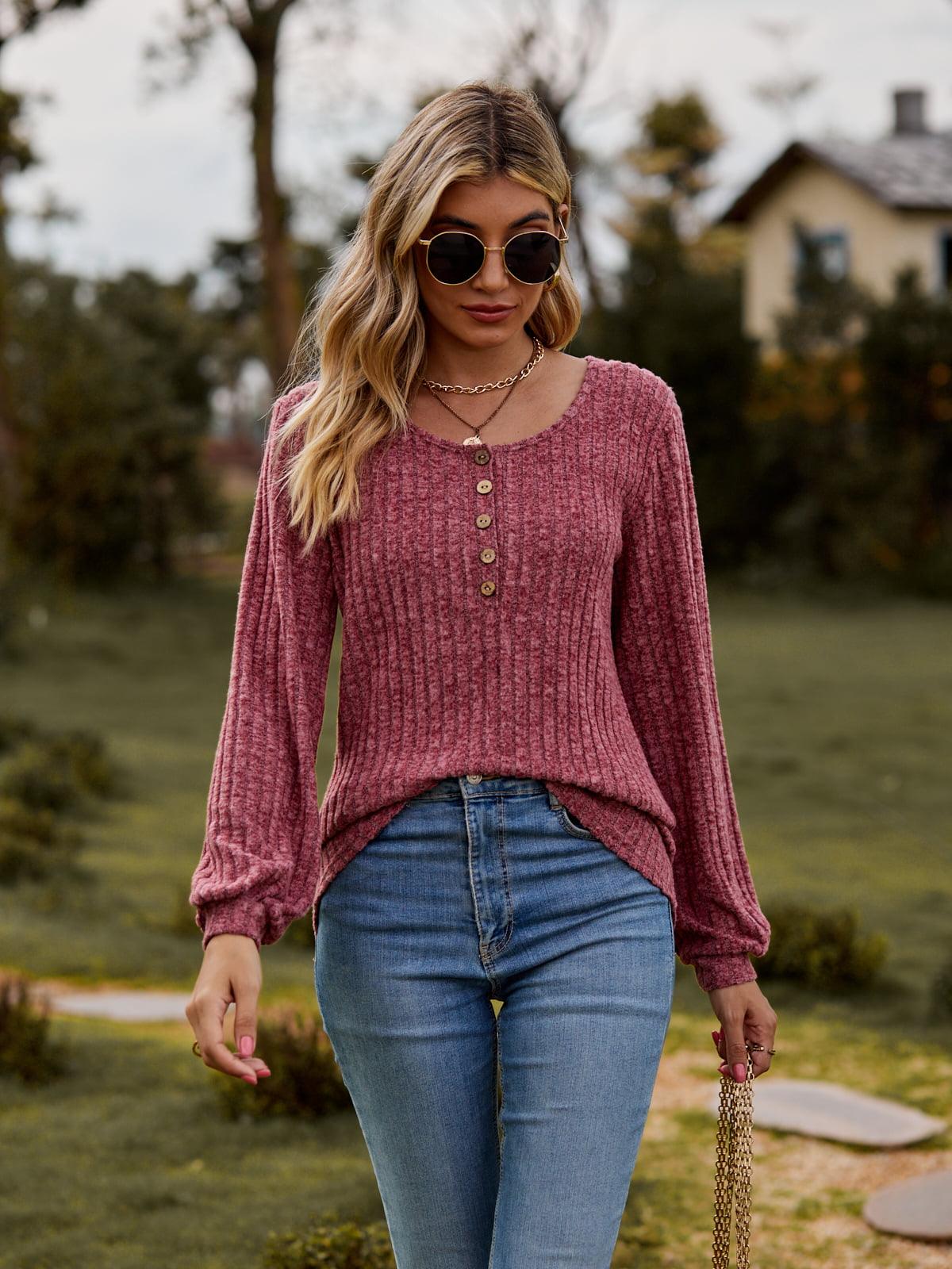 Scoop Neck Button-Down Long Sleeve Top - Top