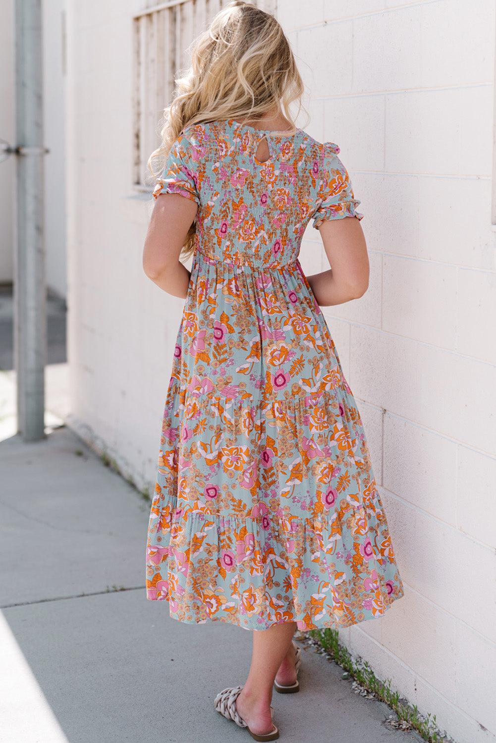Floral Flounce Sleeve Smocked Midi Dress - Dresses