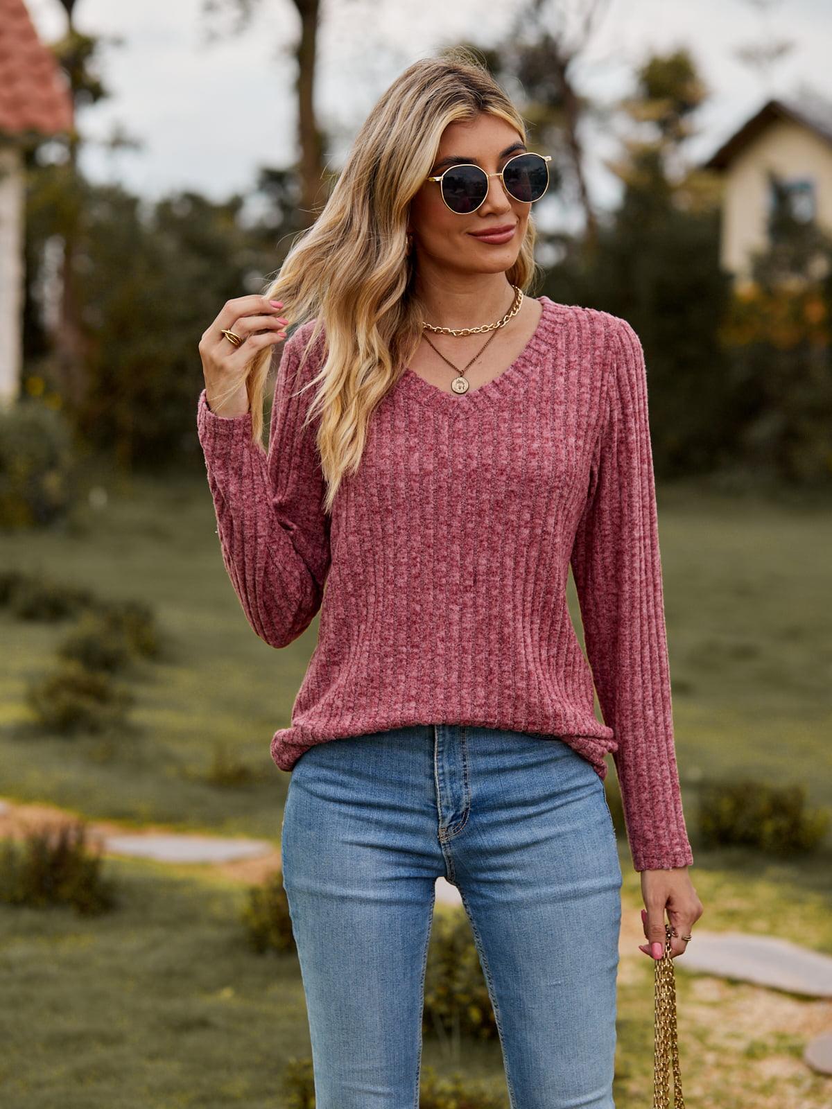 Ribbed V-Neck Long Sleeve Top - Top