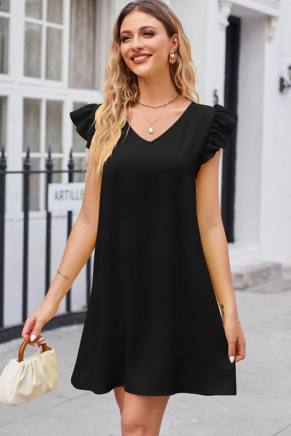 V-Neck Ruffle Cap Flutter Sleeve Mini Dress - Dresses