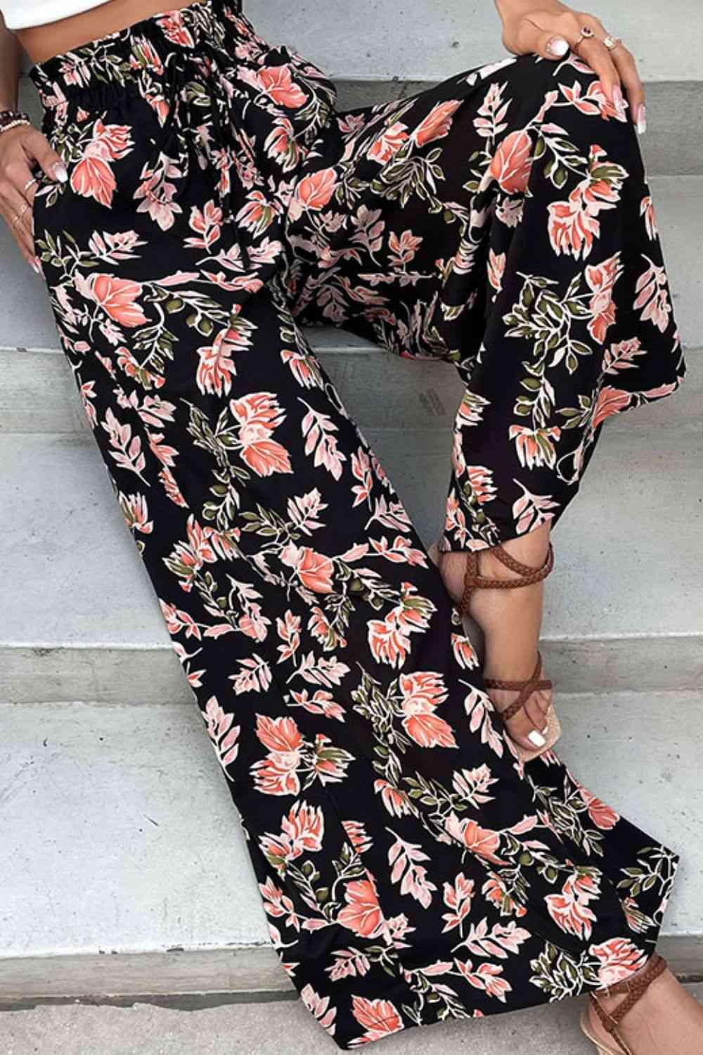 Floral Pull-On Wide Leg Pants - Pant