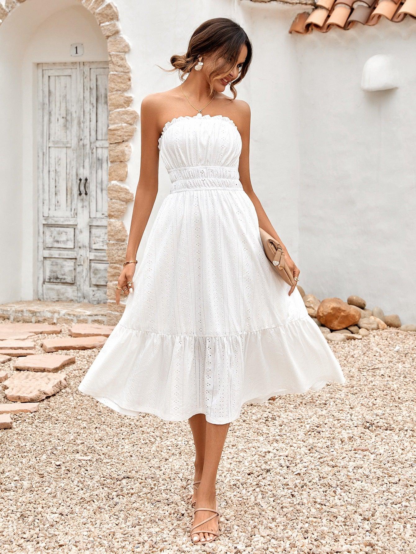 Frill Trim Strapless Midi Dress - Dresses