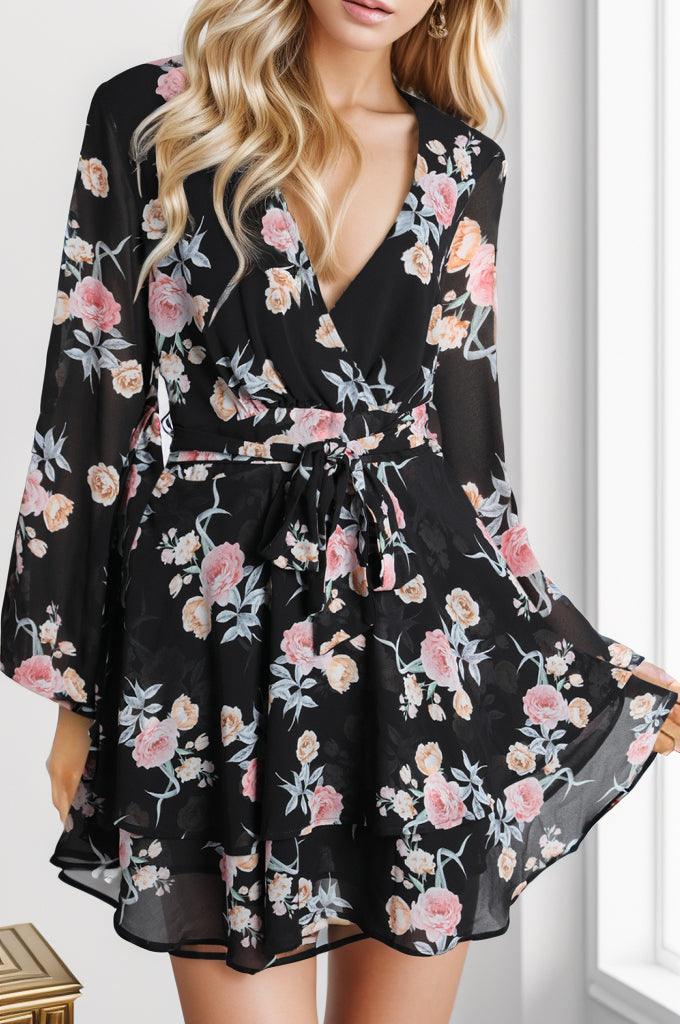 Floral Surplice Balloon Sleeve Mini Dress - Dresses