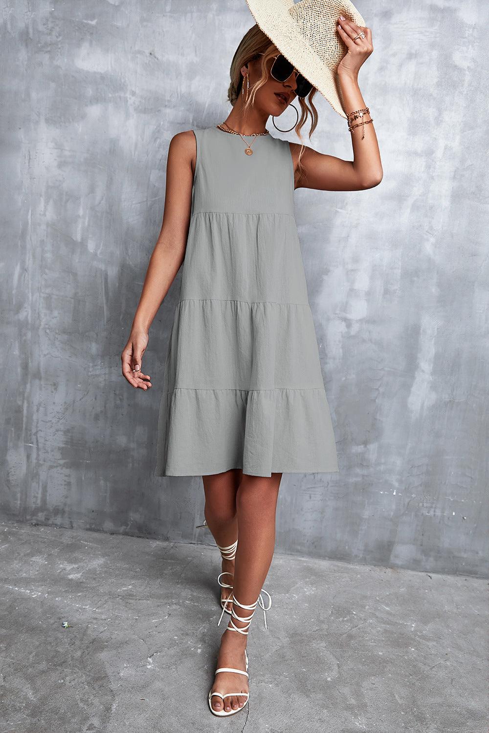 Sleeveless Round Neck Tiered Knee-Length Dress - Dresses