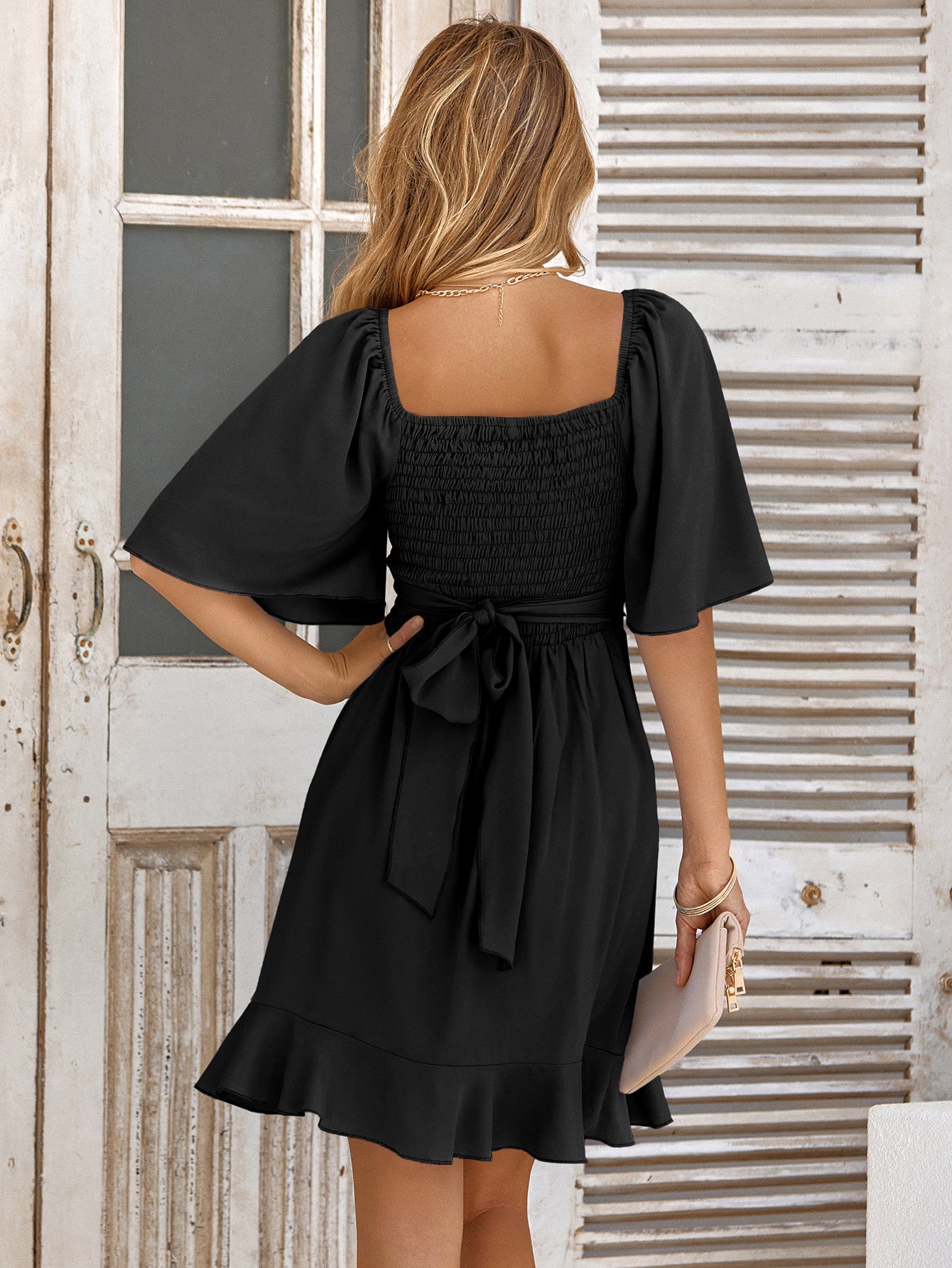 Smocked Tie Back Ruffle Hem Wrap Mini Dress