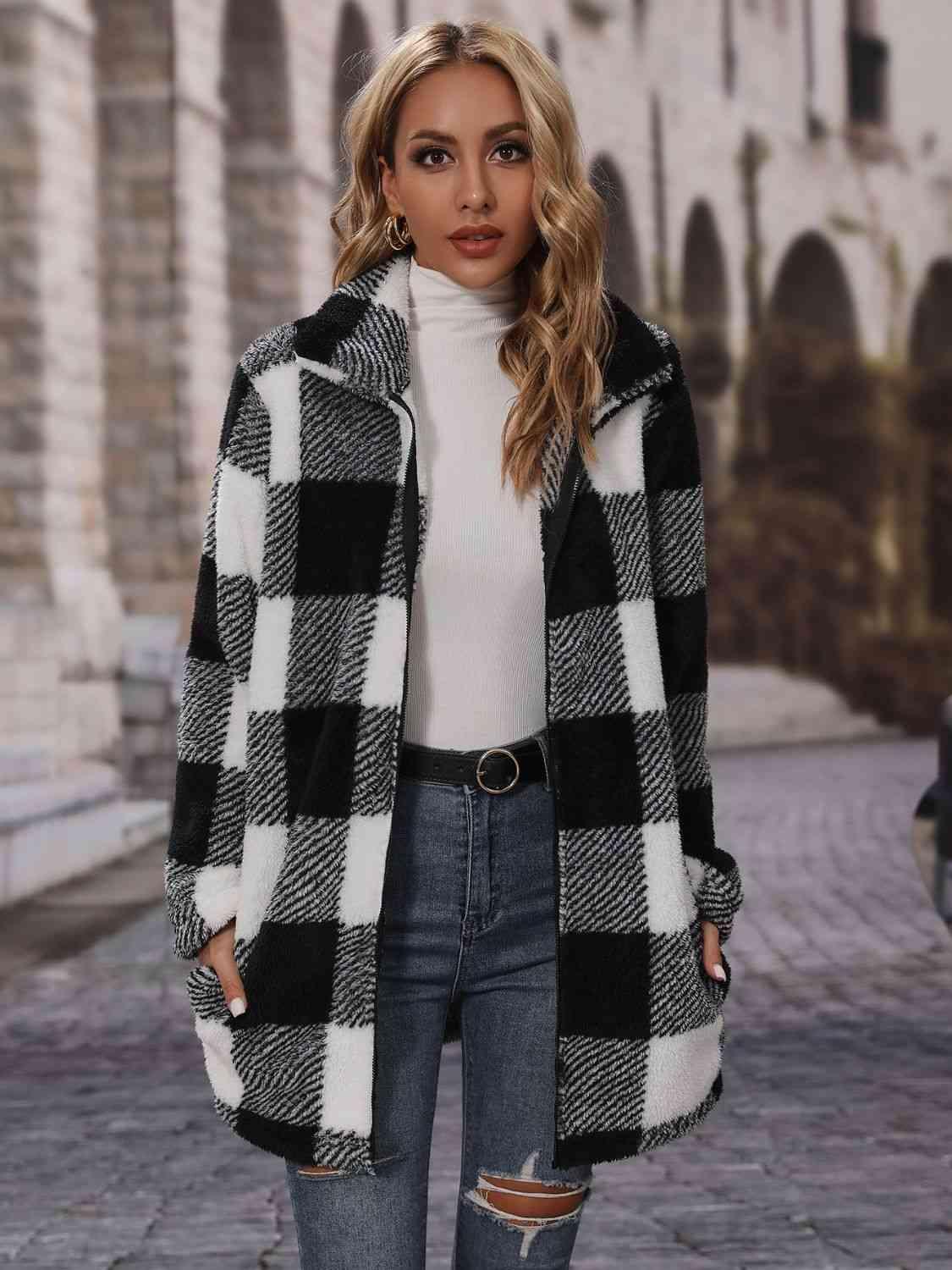 Plaid Collared Neck Fleece Coat - Coat