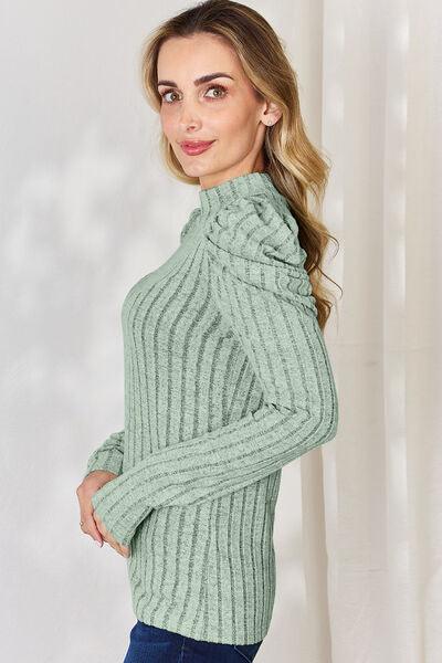 Basic Bae Full Size Ribbed Mock Neck Puff Sleeve Top - Top