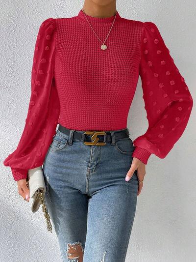 Swiss Dot Waffle-Knit Lantern Sleeve Top - Top