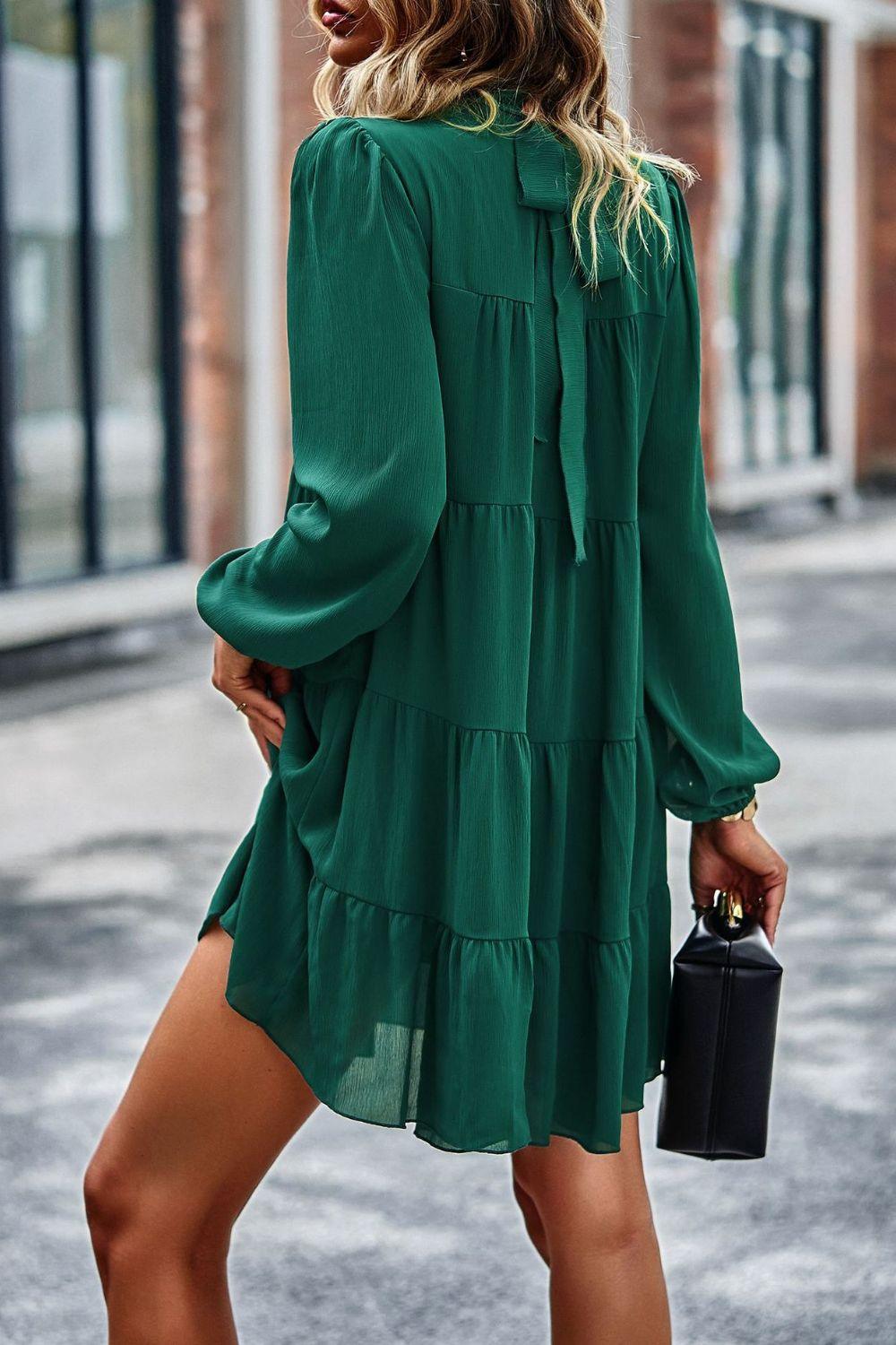 Tied Ruffle Collar Long Puff Sleeve Mini Dress - Dresses