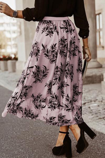 Floral Embroidered High Waist Chiffon Midi Skirt - Skirt