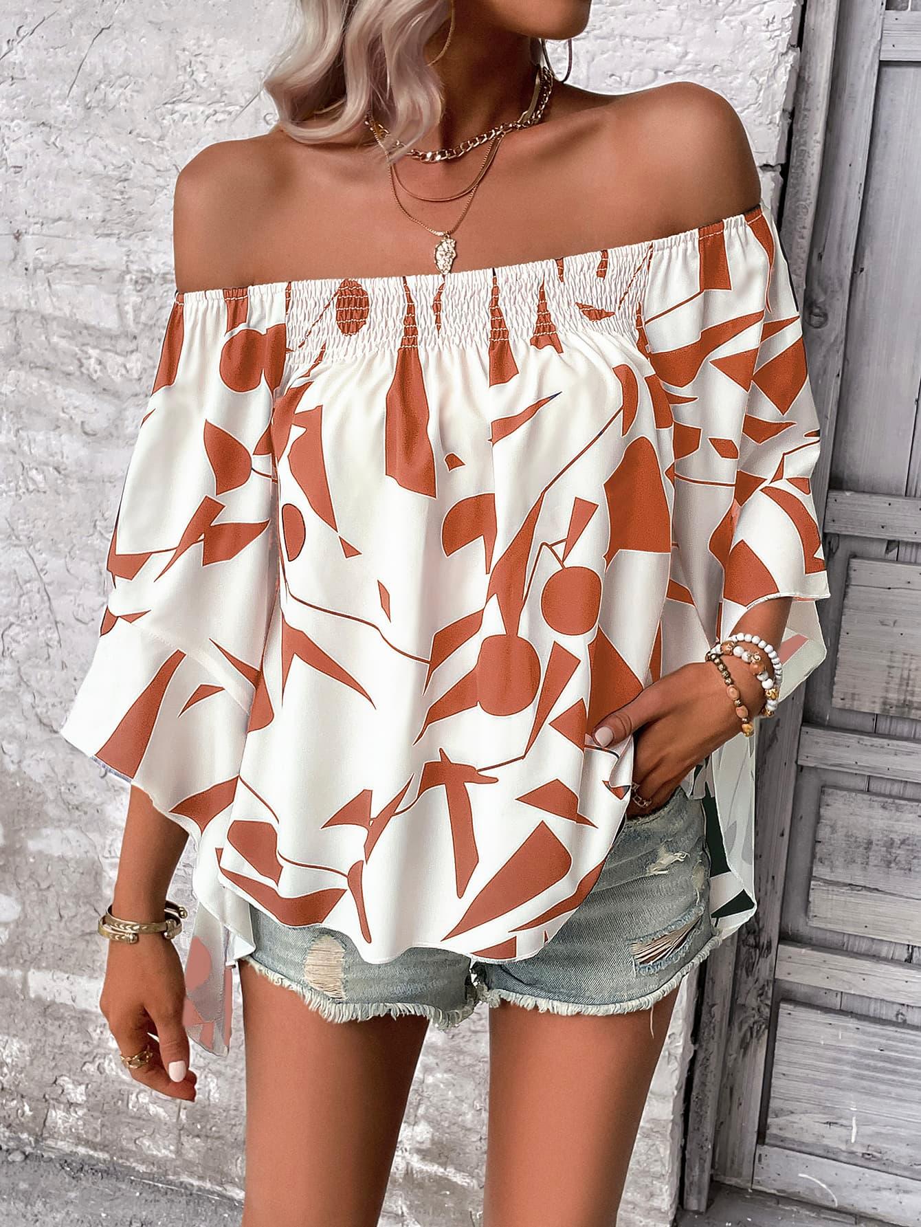 Geometric Off-Shoulder 3/4 Flounce Sleeve Smocked Blouse - Blouse