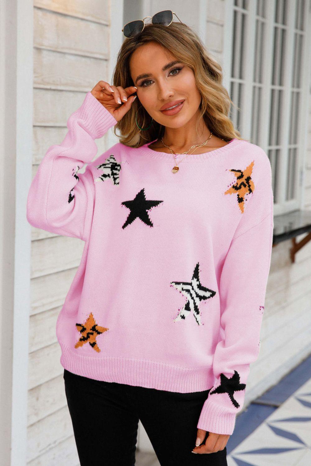 Star Pattern Round Neck Dropped Shoulder Sweater - Sweater