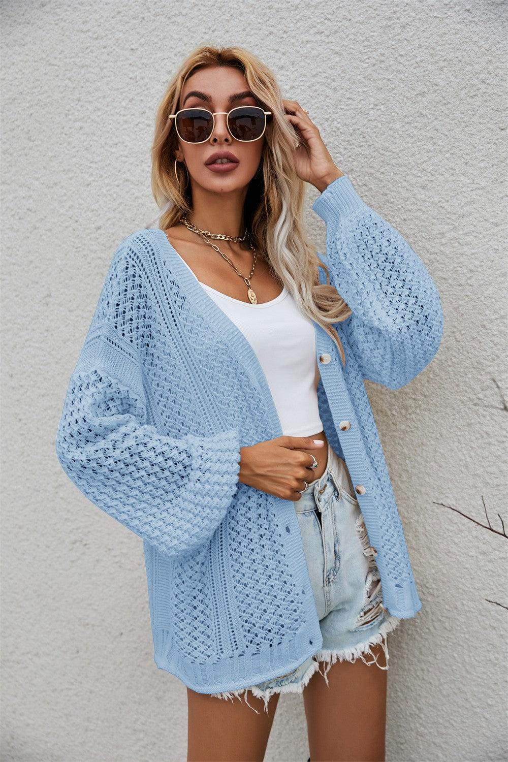 Openwork V-Neck Dropped Shoulder Cardigan - Cardigan