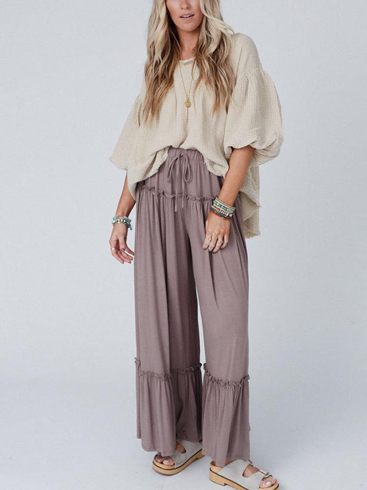 Ruffle Trim Drawstring High Waist Wide Leg Pants - Pant