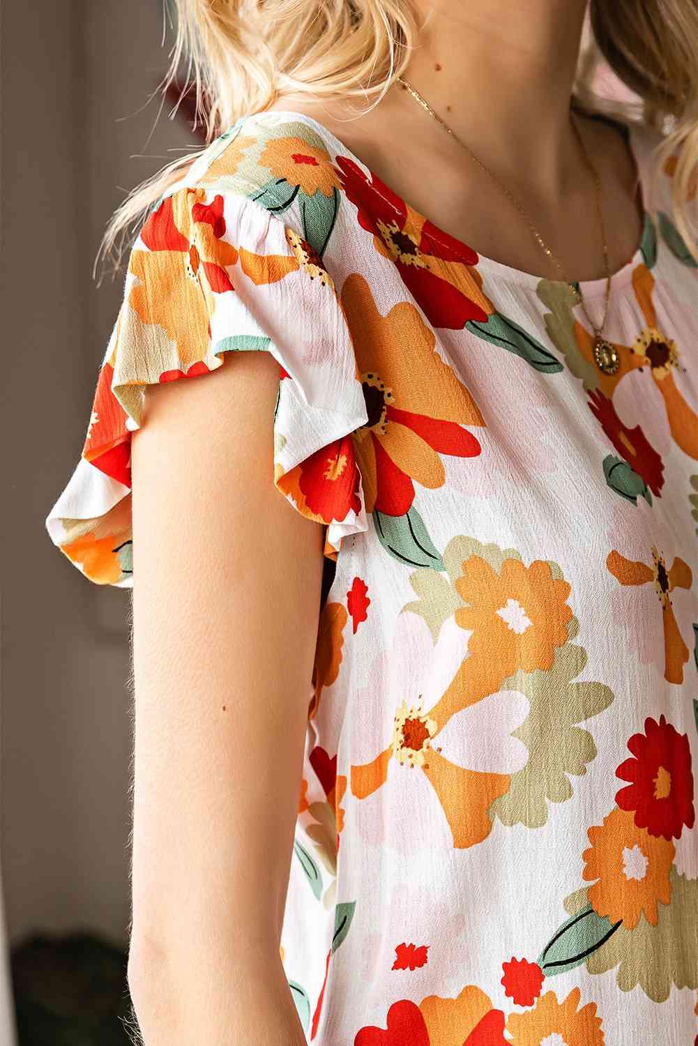 Floral Flutter Sleeve Round Neck Top - Top