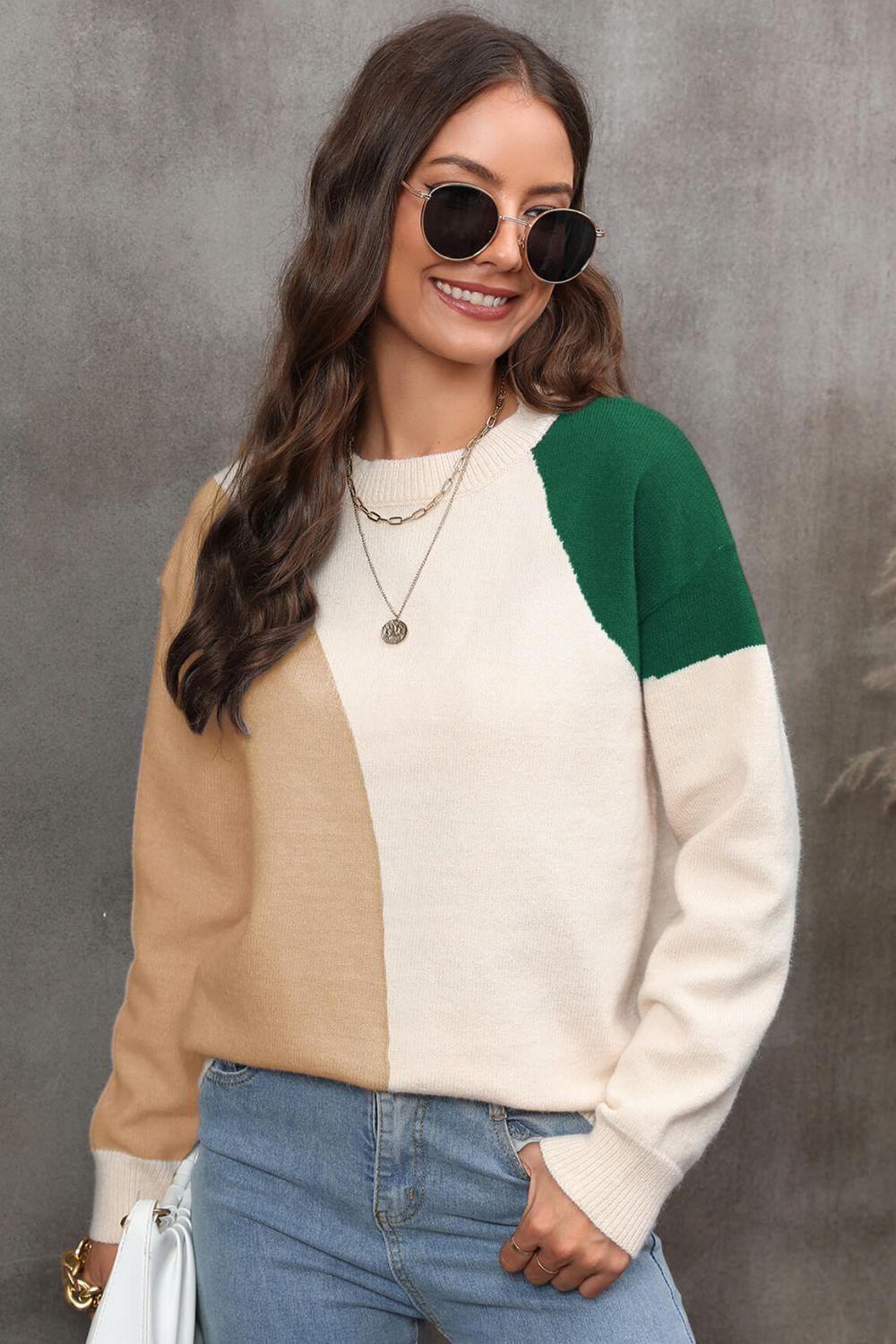 Color Block Ribbed Cuff Drop Shoulder Sweater - Sweater