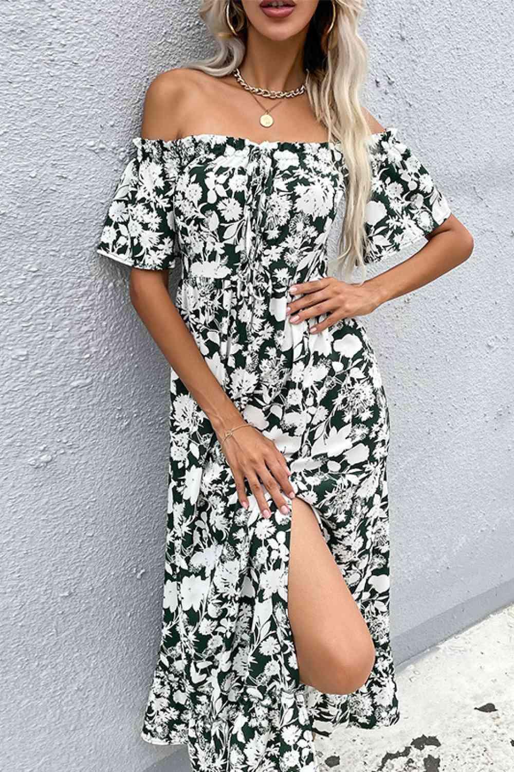 Floral Slit Off-Shoulder Midi Dress - Dresses