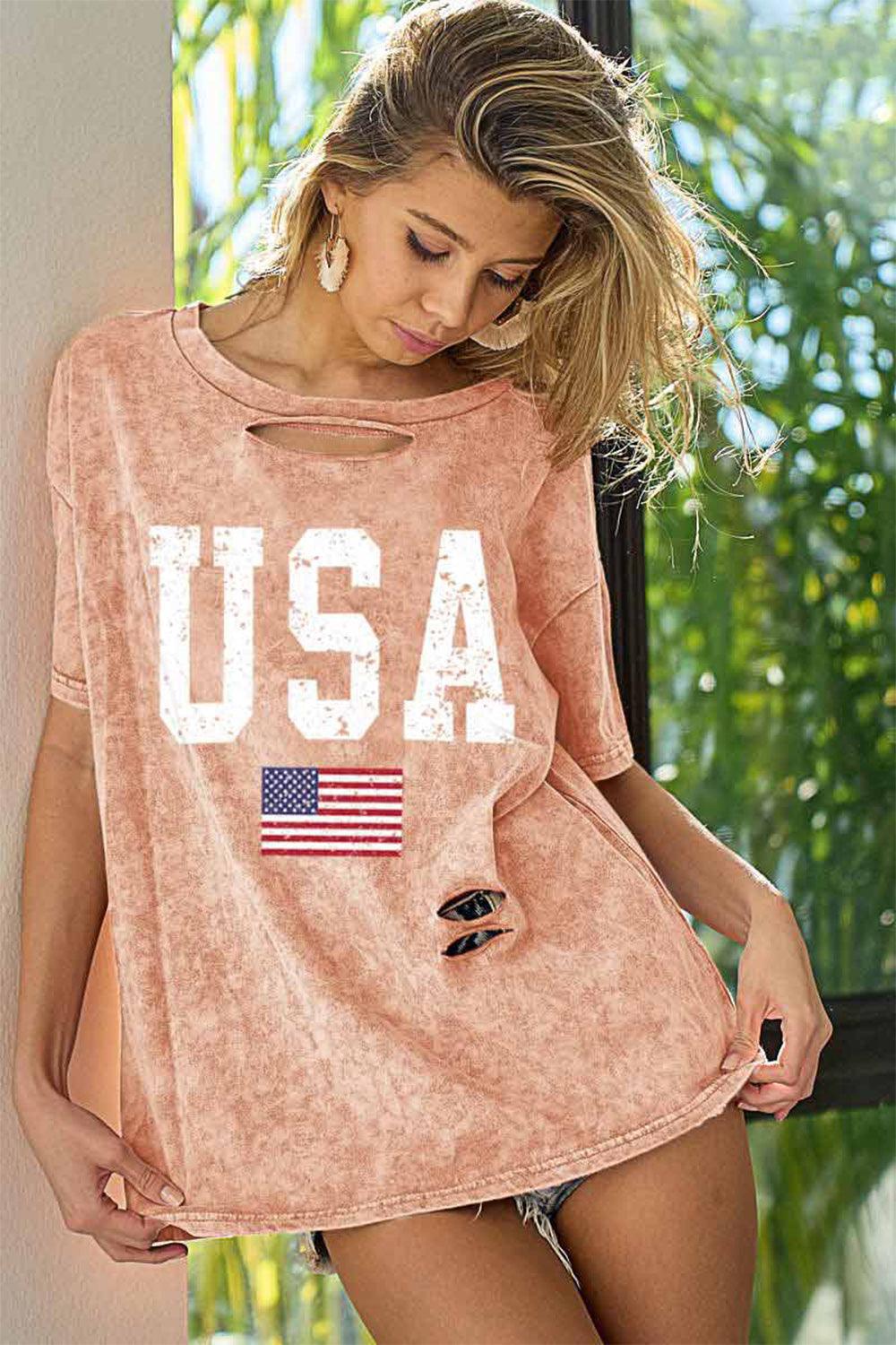 BiBi Washed American Flag Graphic Distressed T-Shirt - T-Shirt