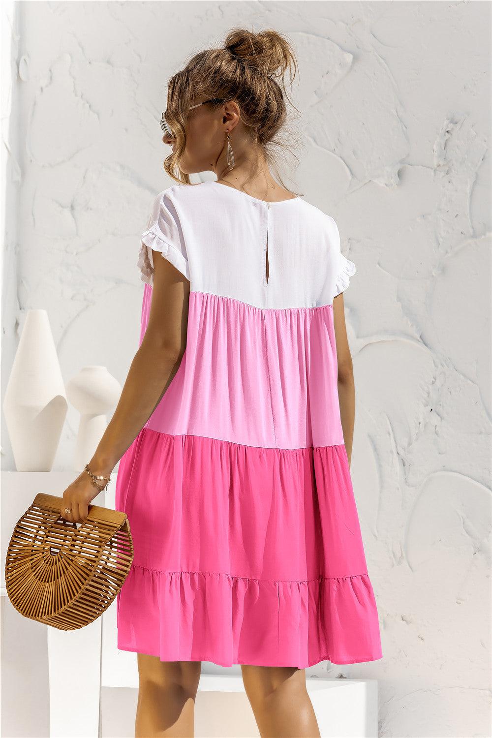 Color Block Round Neck Ruffle Hem Tiered Short Dress - Dresses