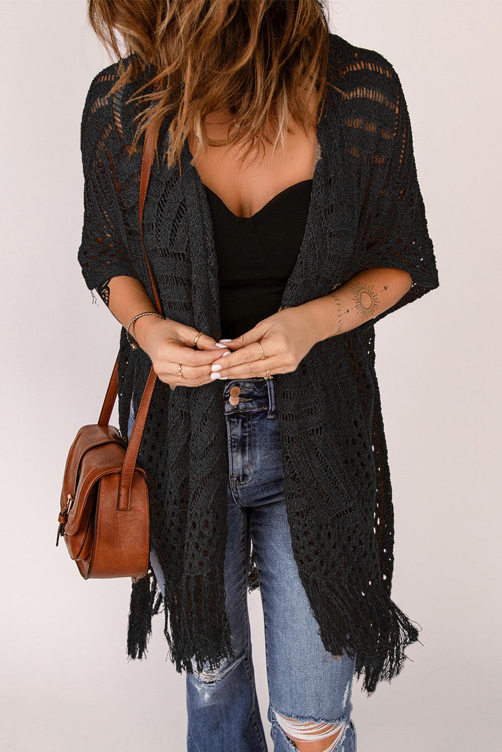 Open Work Fringe Hem Slit Open Front Cardigan - Cardigan