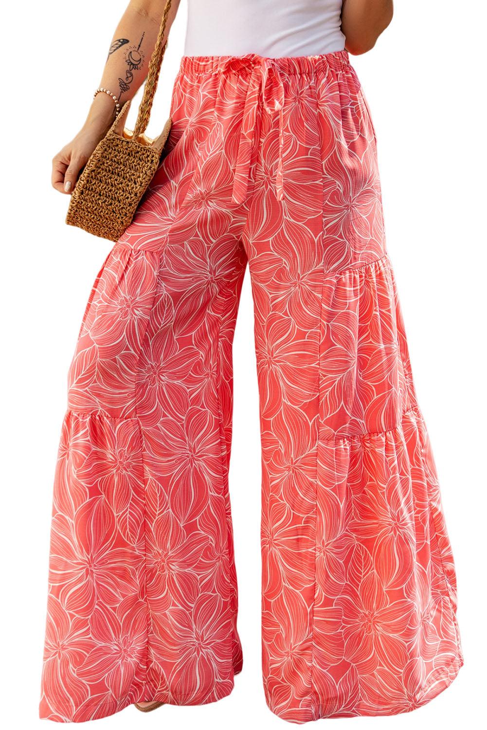 Floral Tiered Wide Leg High Waist Pants - Pant