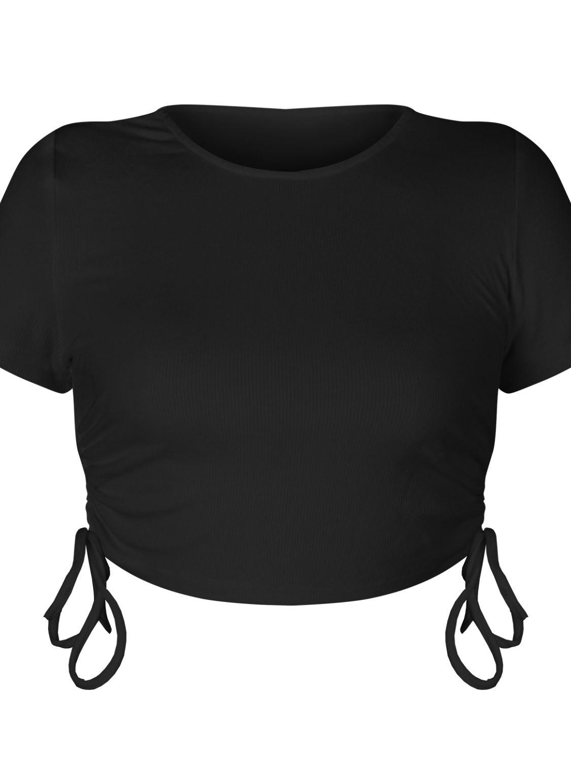 Round Neck Short Sleeve Drawstring Crop Top - Crop Top