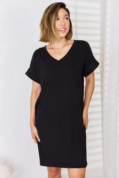 Zenana Rolled Short Sleeve V-Neck Dress - Dresses