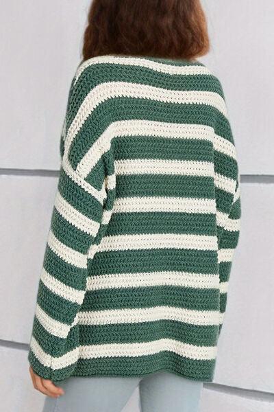 Striped Round Neck Dropped Shoulder Sweater - Sweater