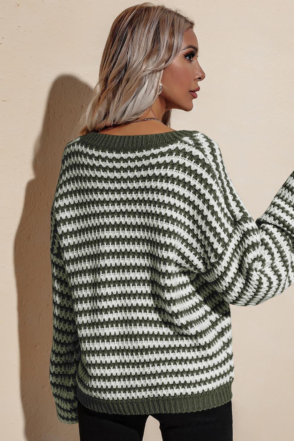 Striped V-Neck Dropped Shoulder Sweater - Sweater