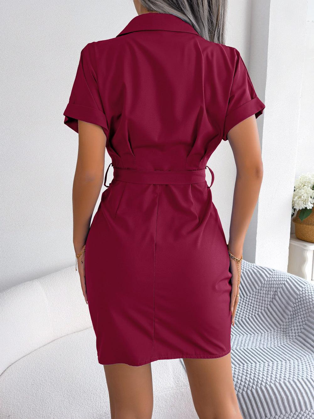 Button Down Ruched Tie Belt Shirt Dress - Dresses