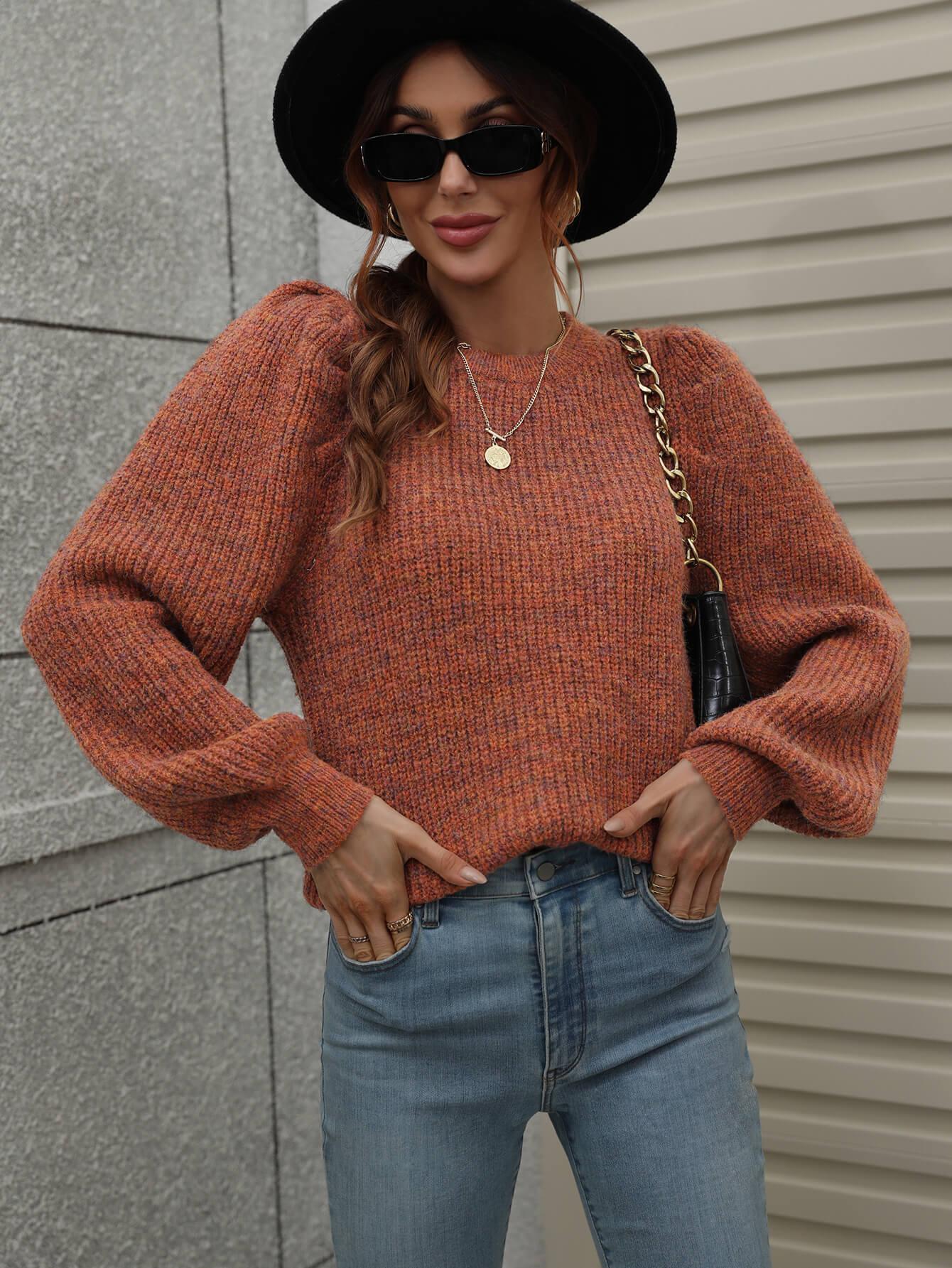 Woven Right Long Puff Sleeve Rib-Knit Sweater - Sweater