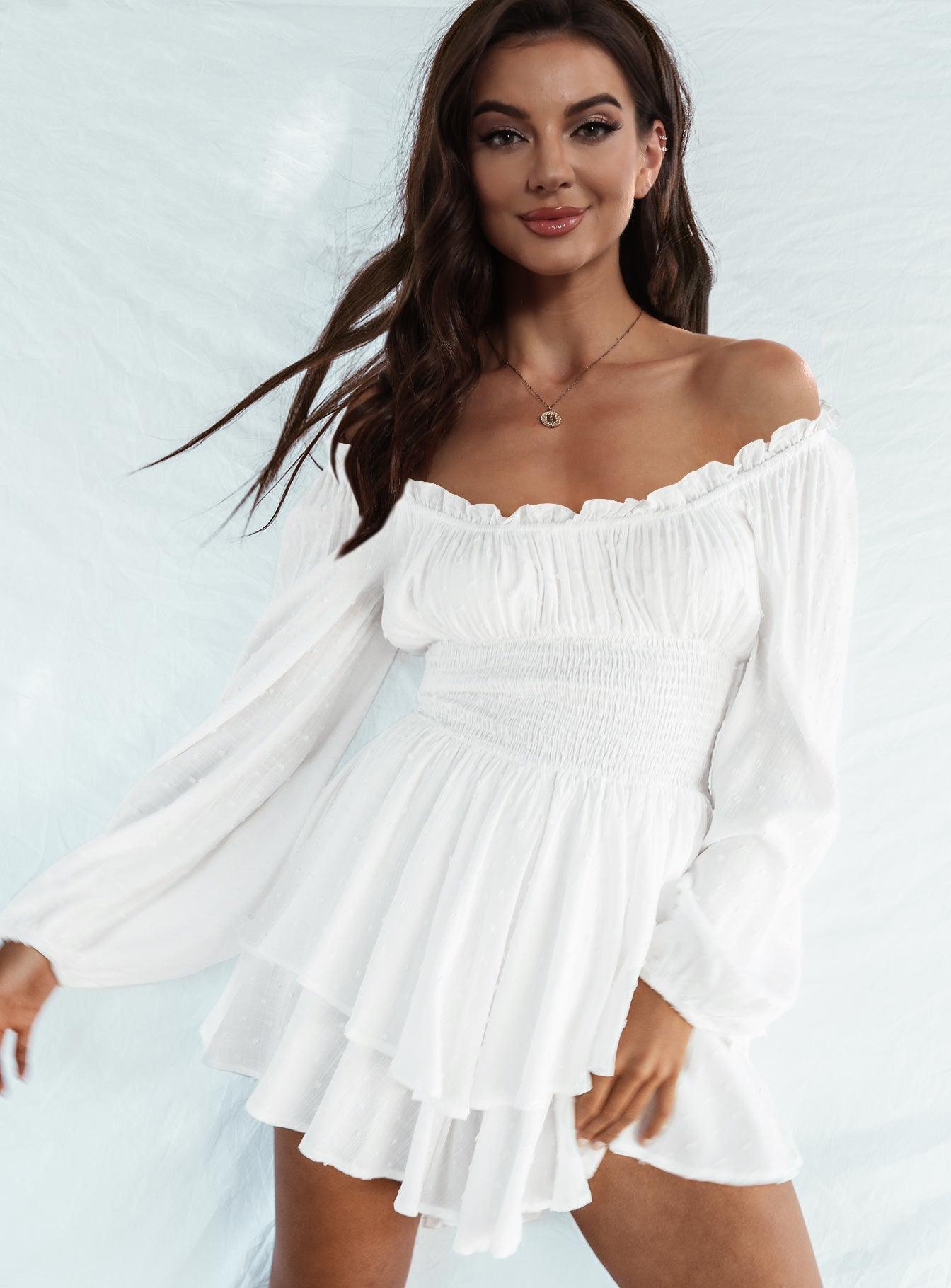 Off Shoulder Smocked Waist Long Sleeve Mini Dress - Dresses