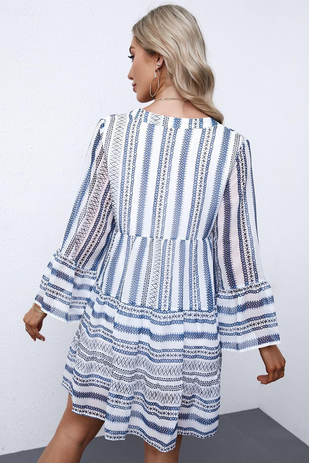 Printed Notched Neck Flare Sleeve Tiered Mini Dress - Dresses