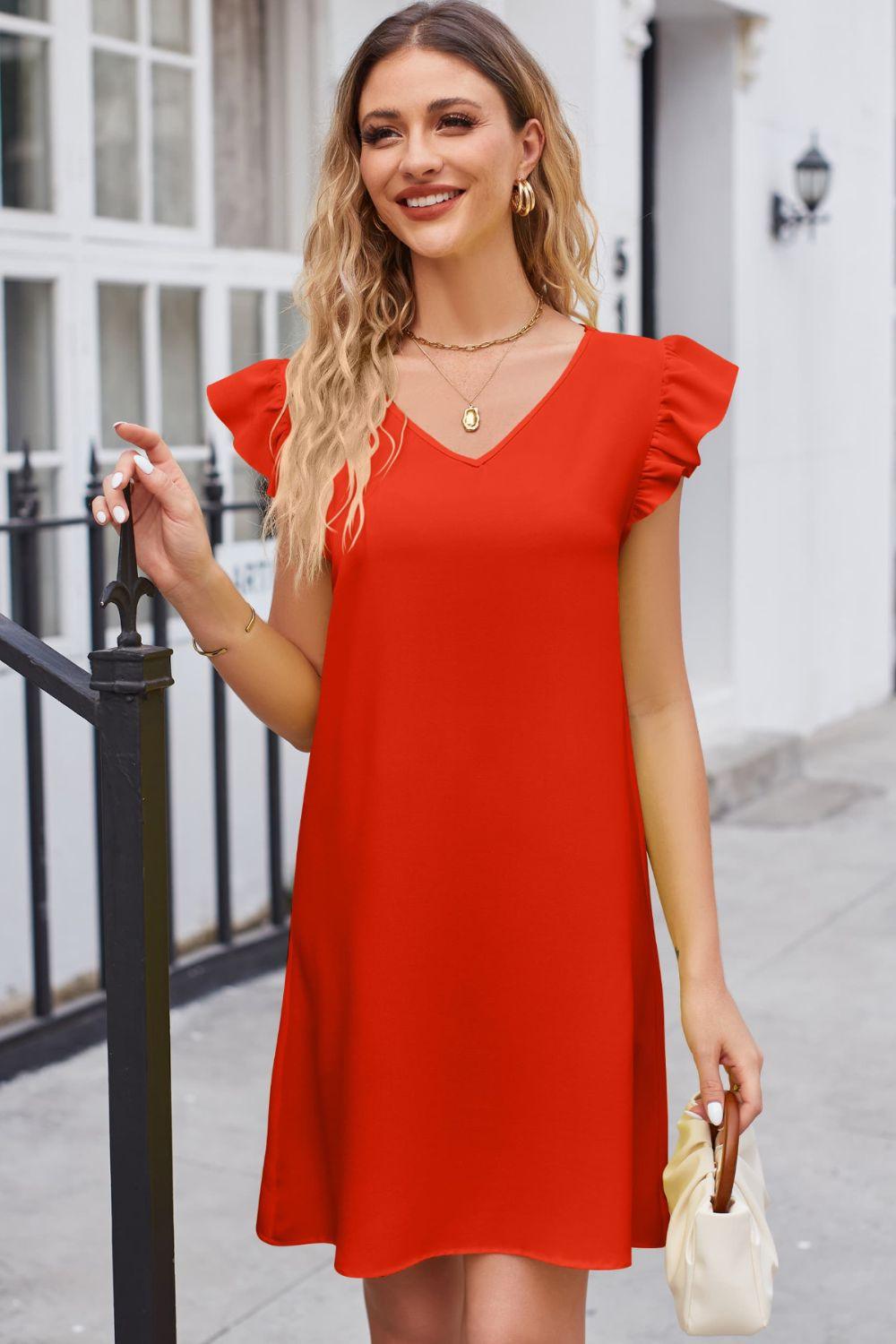 V-Neck Ruffle Cap Flutter Sleeve Mini Dress - Dresses