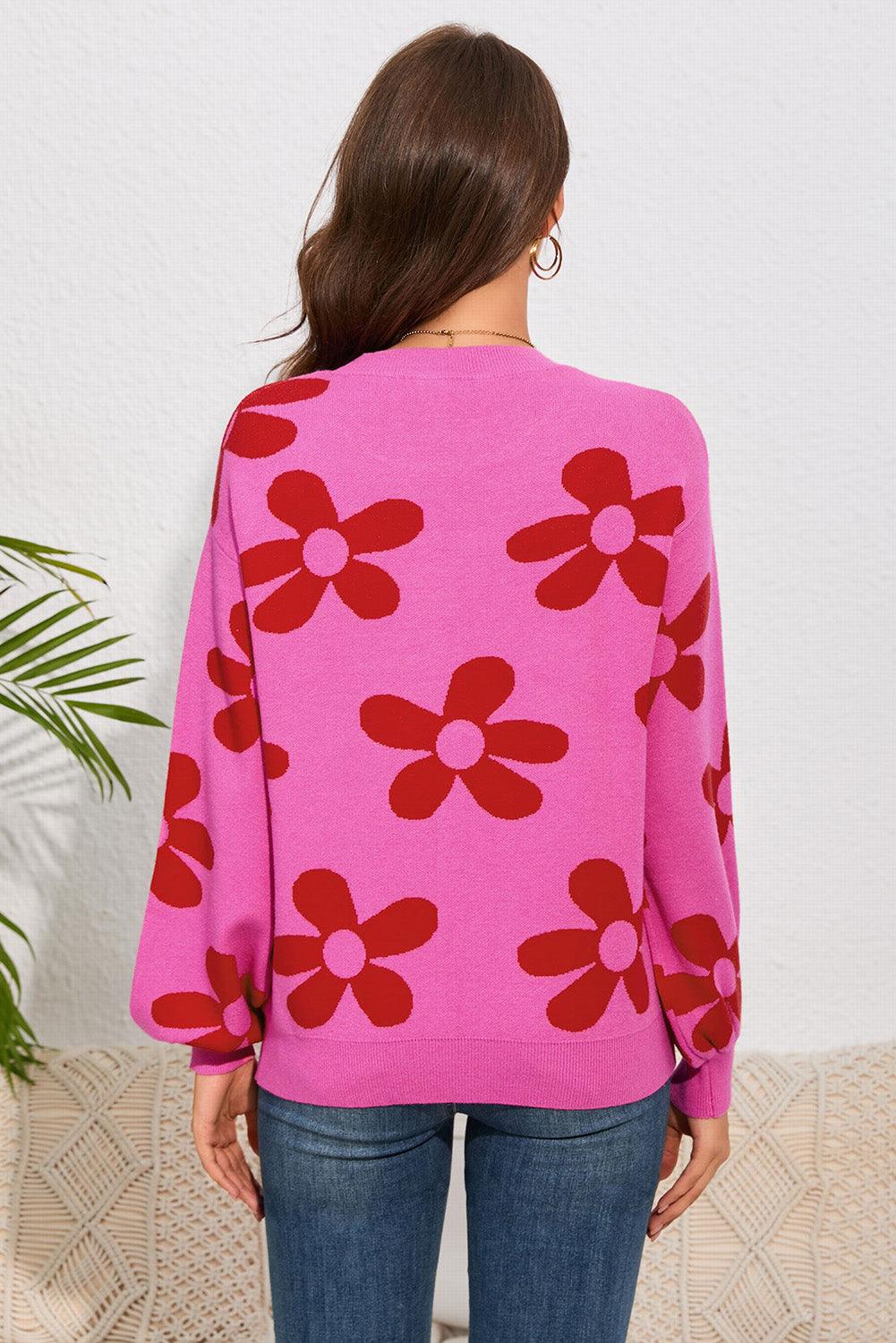 Floral Round Neck Dropped Shoulder Sweater - Sweater