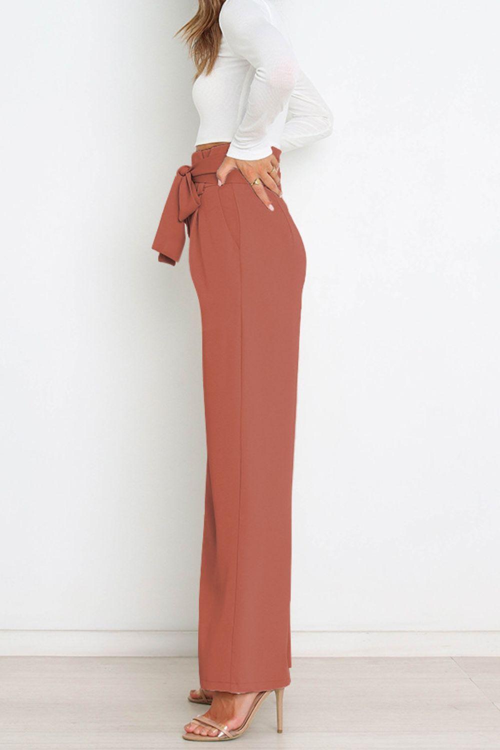 Tie Front Paperbag Wide Leg Pants - Pant