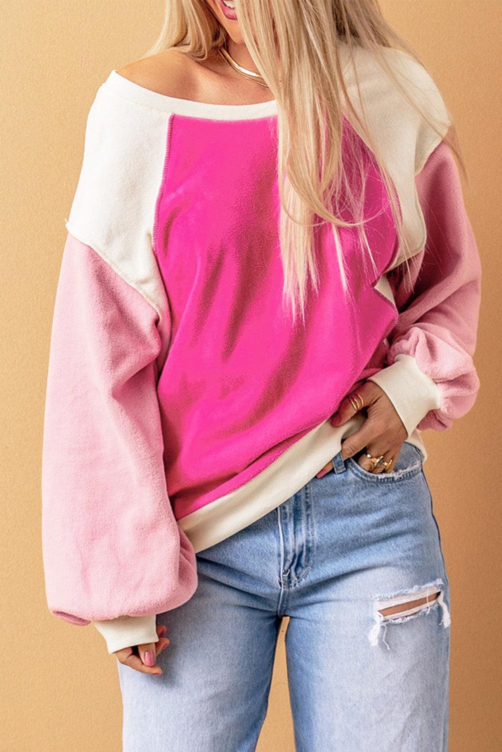 Round Neck Dropped Shoulder Color Block Sweatshirt - Sweatshirt