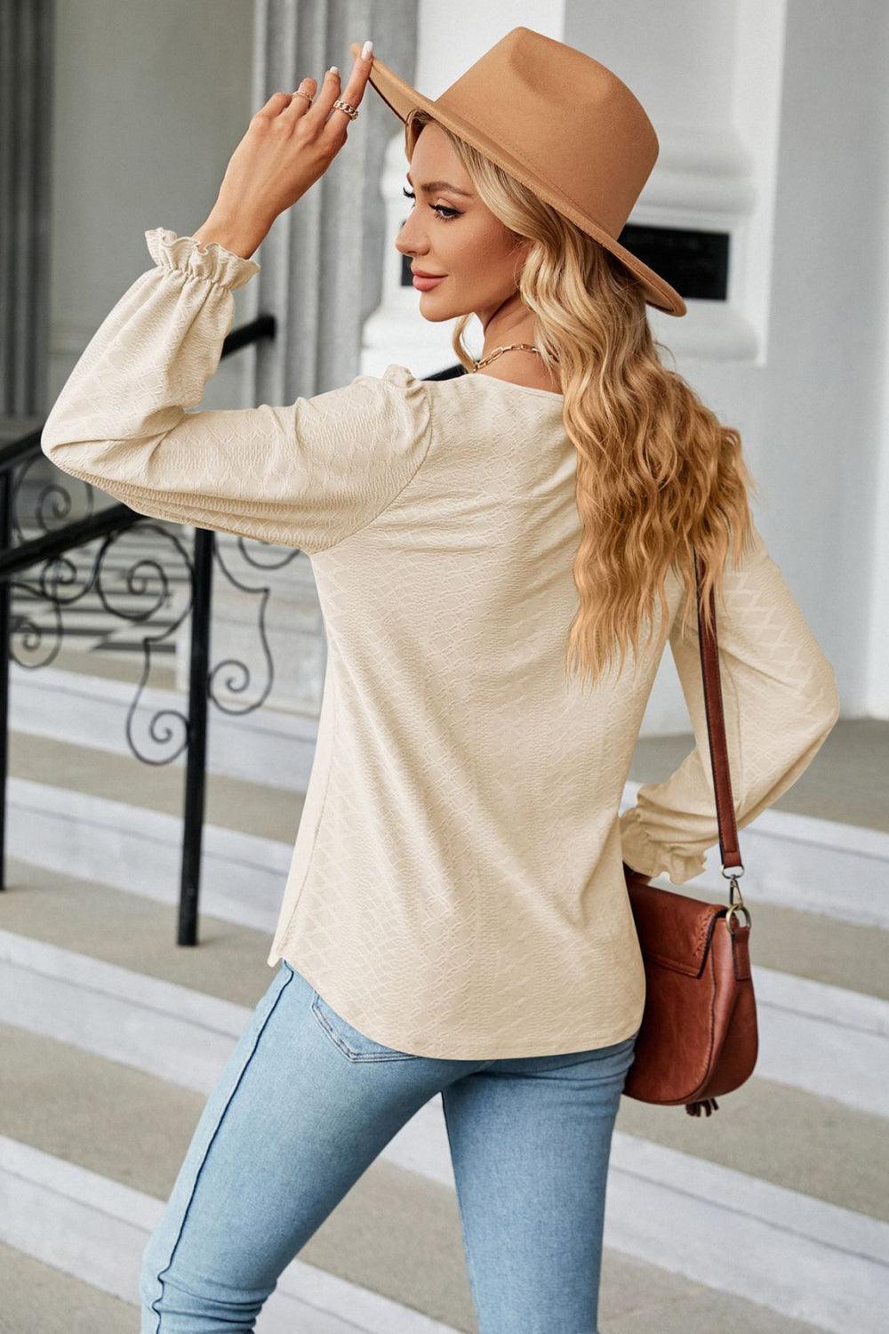 Round Neck Long Flounce Sleeve Top - Top