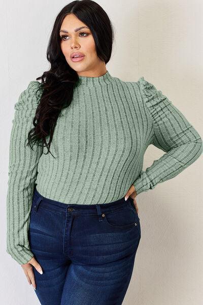 Basic Bae Full Size Ribbed Mock Neck Puff Sleeve Top - Top