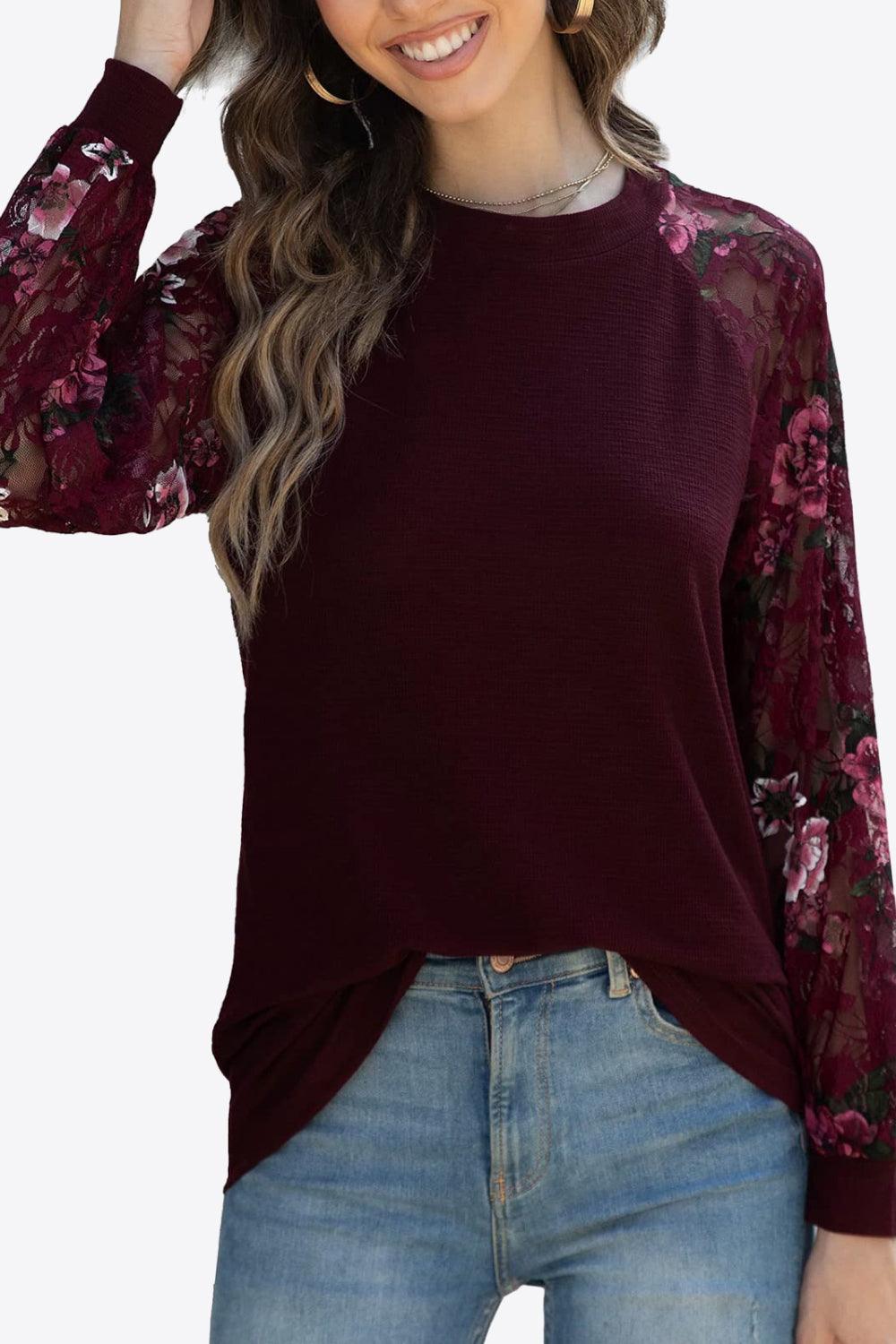 Eyelet Long Raglan Sleeve Round Neck Tee - Top