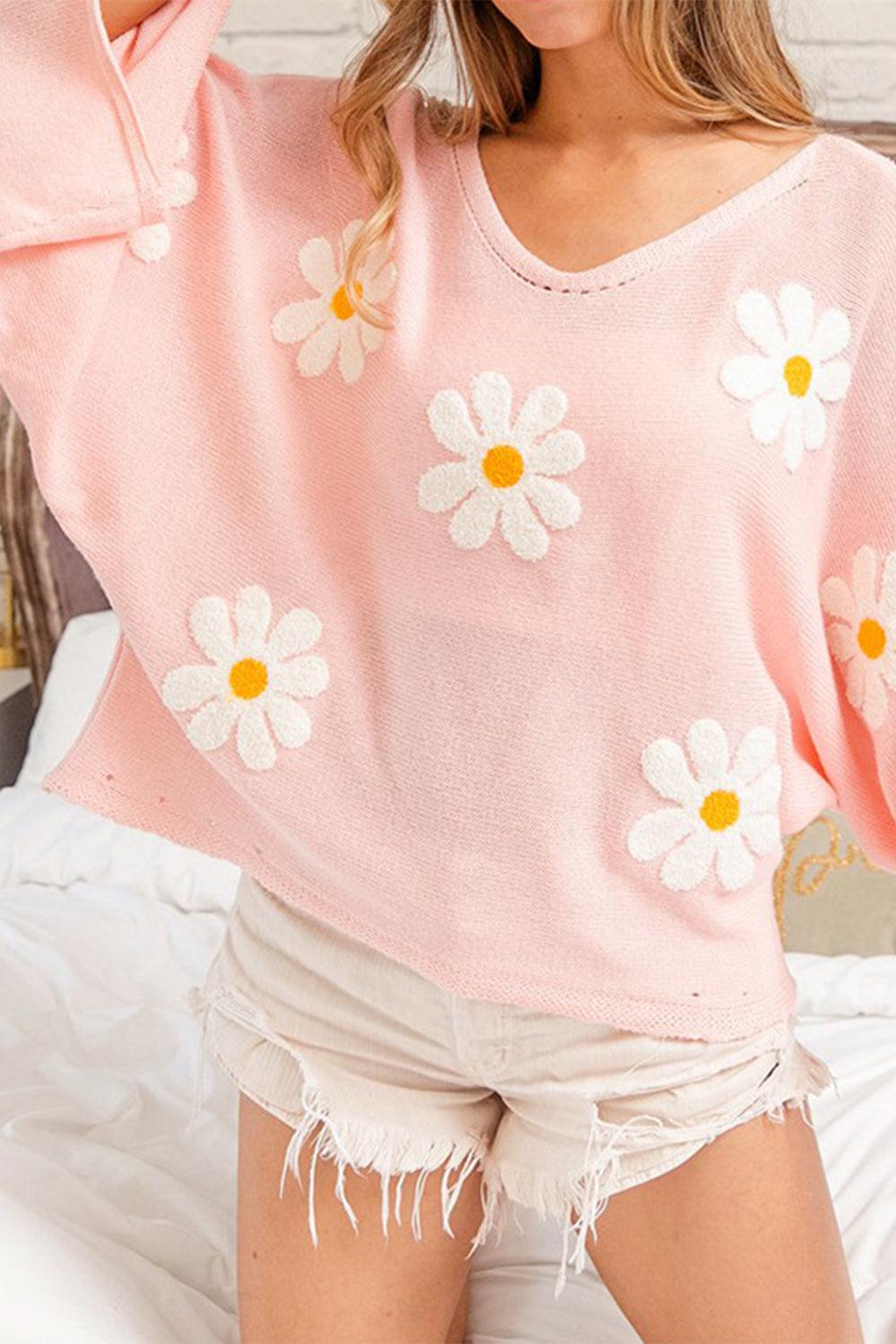 Flower Pattern Long Sleeve Wide Sleeve Sweater - Sweater